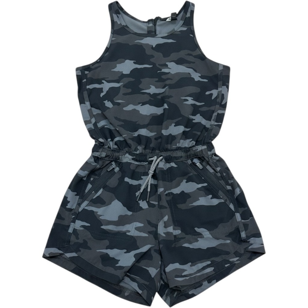 Athleta Girl On The Go Romper Kids M 8-10 Grey Camo Sleeveless Pockets